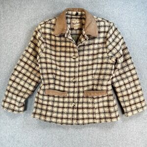 Woolrich Brown Cream Plaid Wool Blend Jacket with Suede Trim